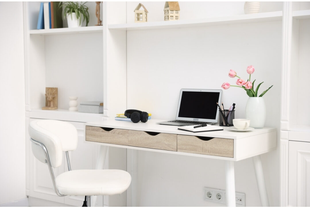 bright sunlit home office desk with organized tools and serene atmosphere showcasing shield focus setup