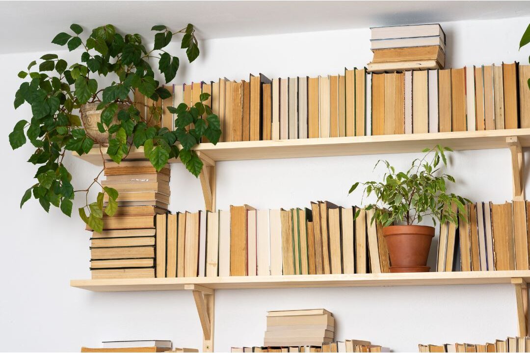 wooden floating shelves installed in alcove holding books and plants presenting 70 budget-friendly home upgrades that are actually worth it