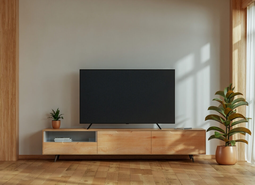 clean wooden TV stand with concealed storage drawers clearing 101 things to declutter this weekend